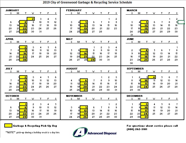 Garbage collection schedule for Greenwood